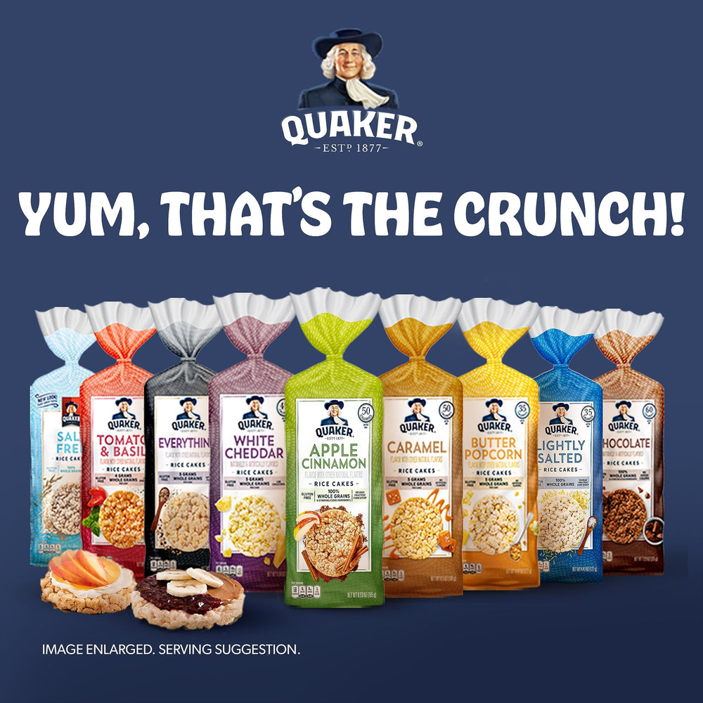 Quaker torta de arroz comparación de tamaño en mano para control de porciones