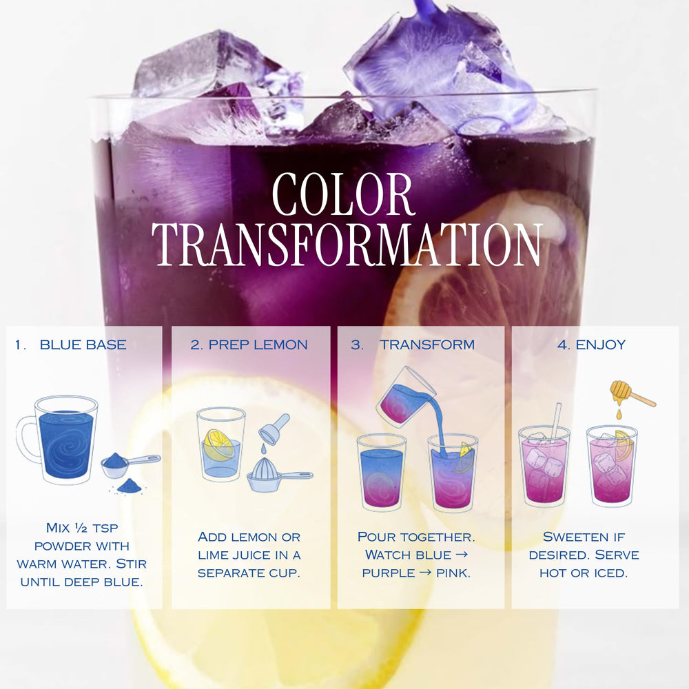 Queen Omi latte azul con espuma, aporta color natural a bebidas