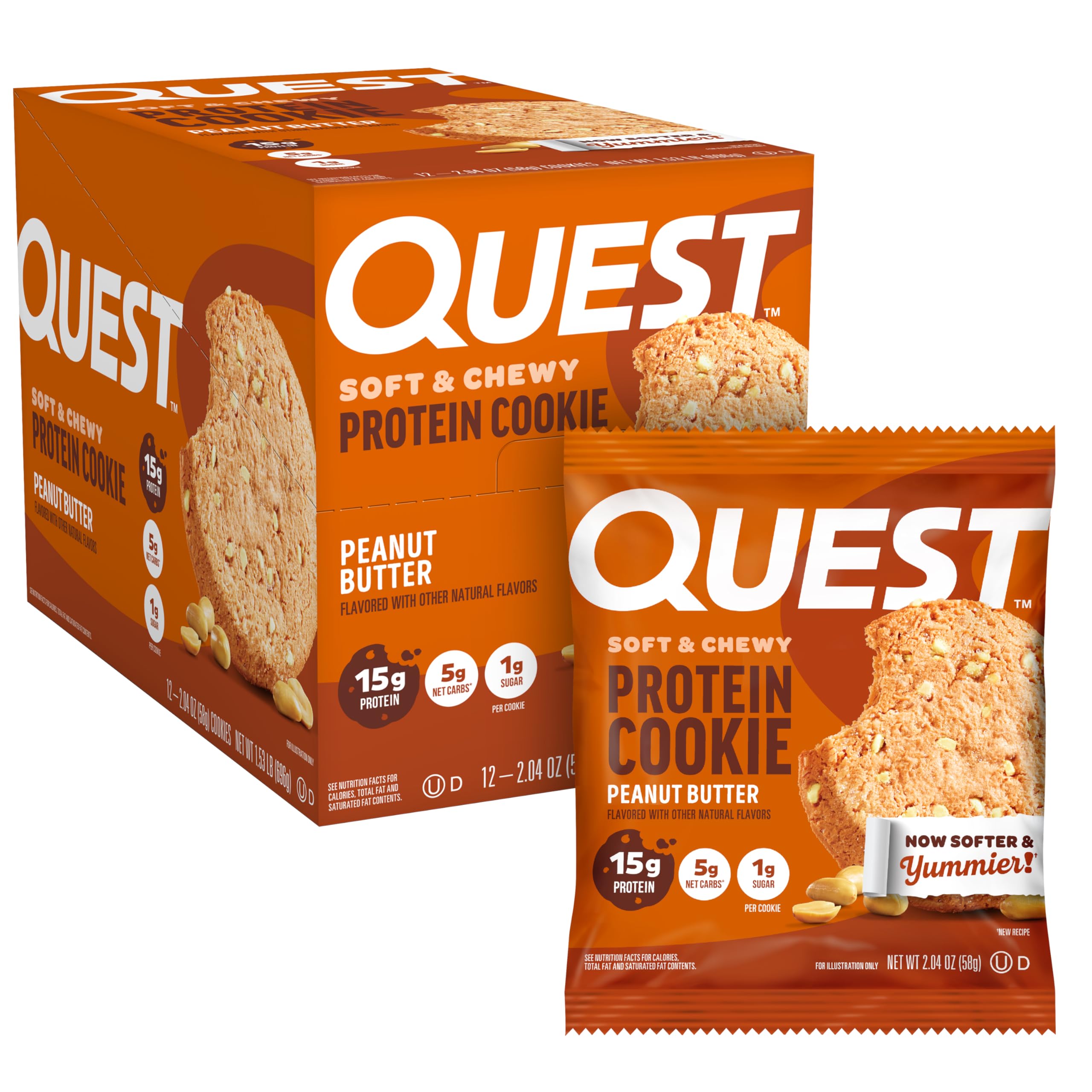 Quest galleta frontal empaquetado mostrando sabor mantequilla de cacahuete y conveniencia