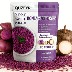 Quzeyr paquete frontal morado mostrando arroz konjac listo y práctico