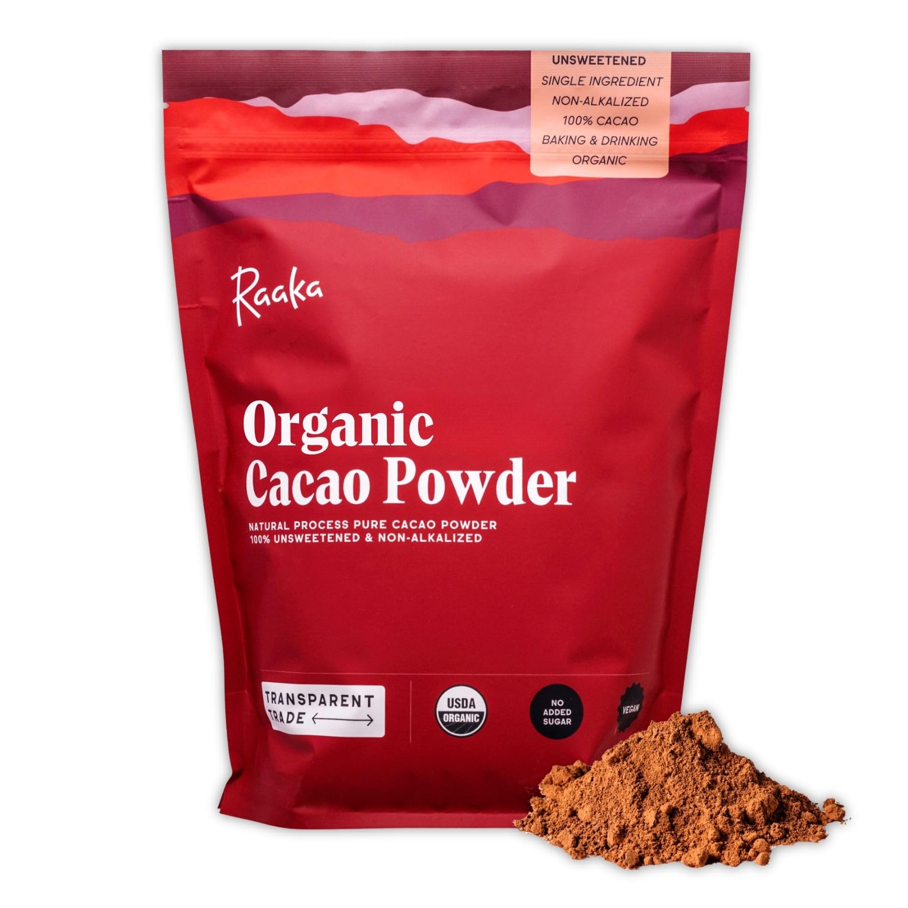 Raaka polvo de cacao frente bolsa mostrando tamaño y resealable como beneficio