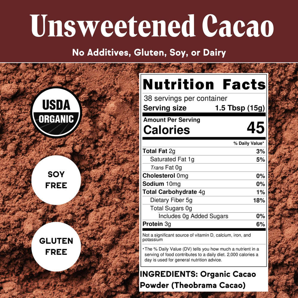 Raaka detalle de textura fina del polvo de cacao para mezclar fácilmente