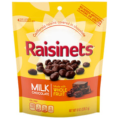 Raisinets paquete frontal mostrando 8 bolsas y fácil reparto