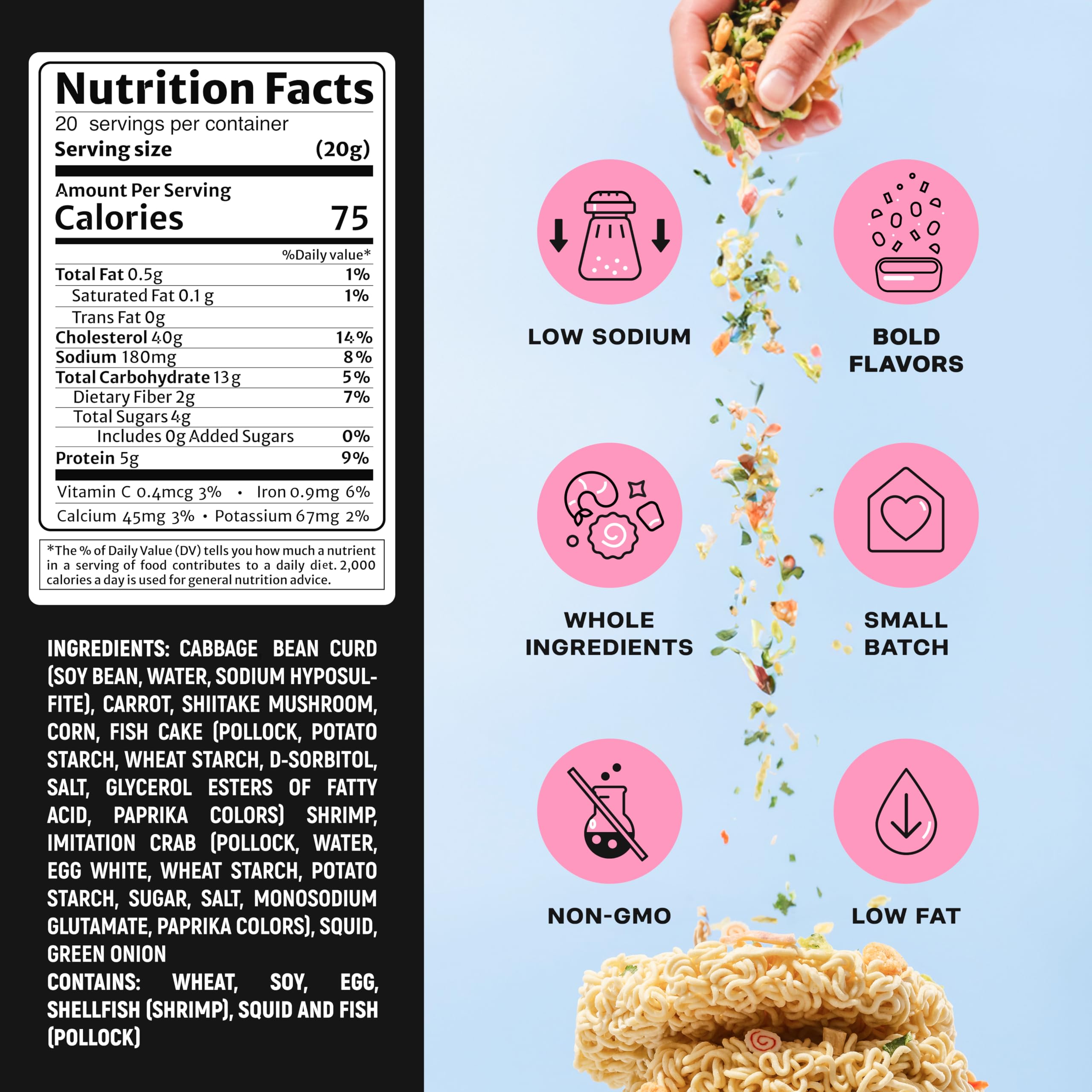 Ramen Bae etiqueta con lista de ingredientes y beneficios bajos en grasa