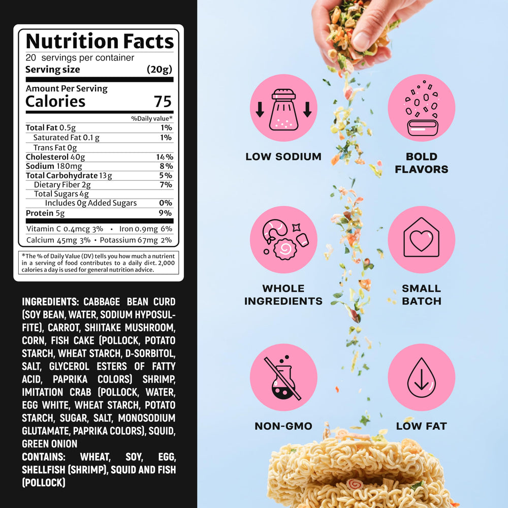 Ramen Bae etiqueta con lista de ingredientes y beneficios bajos en grasa