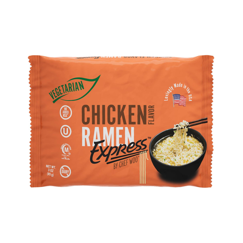 RAMEN EXPRESS sobre de condimento vegetal abierto, sabor a pollo sin ingredientes animales