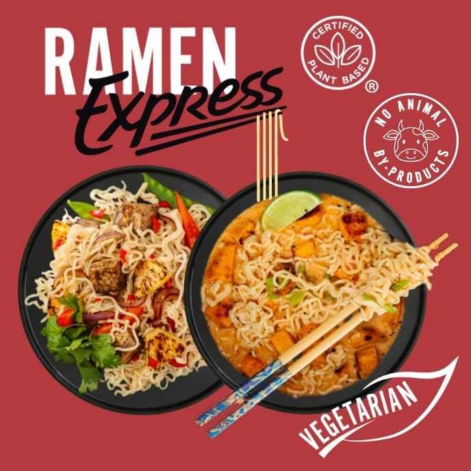 RAMEN EXPRESS detalle de etiqueta con certificados vegano, kosher y halal, confianza dietética