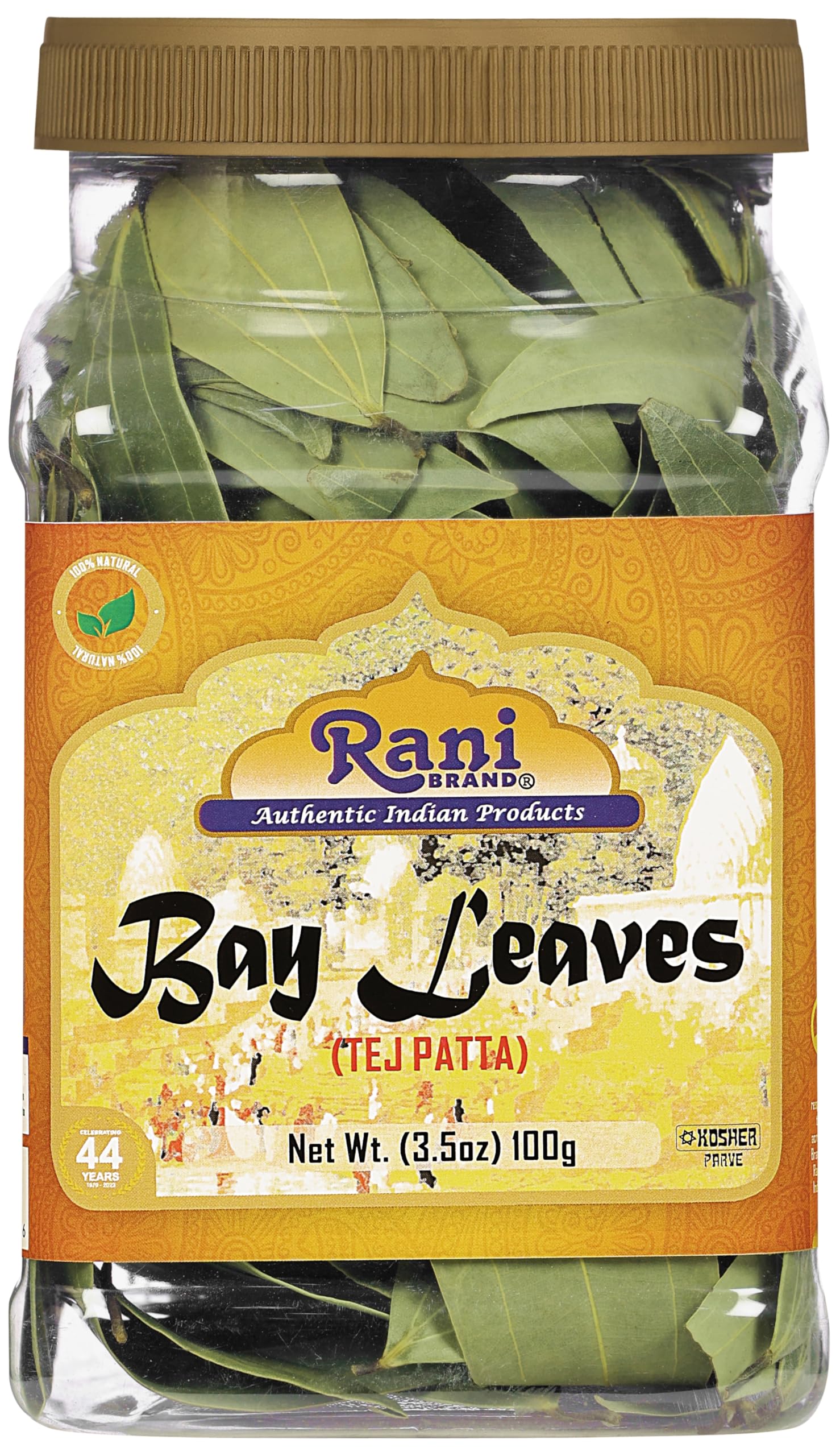 Rani Brand frasco frontal con hojas de laurel Rani y conservación práctica