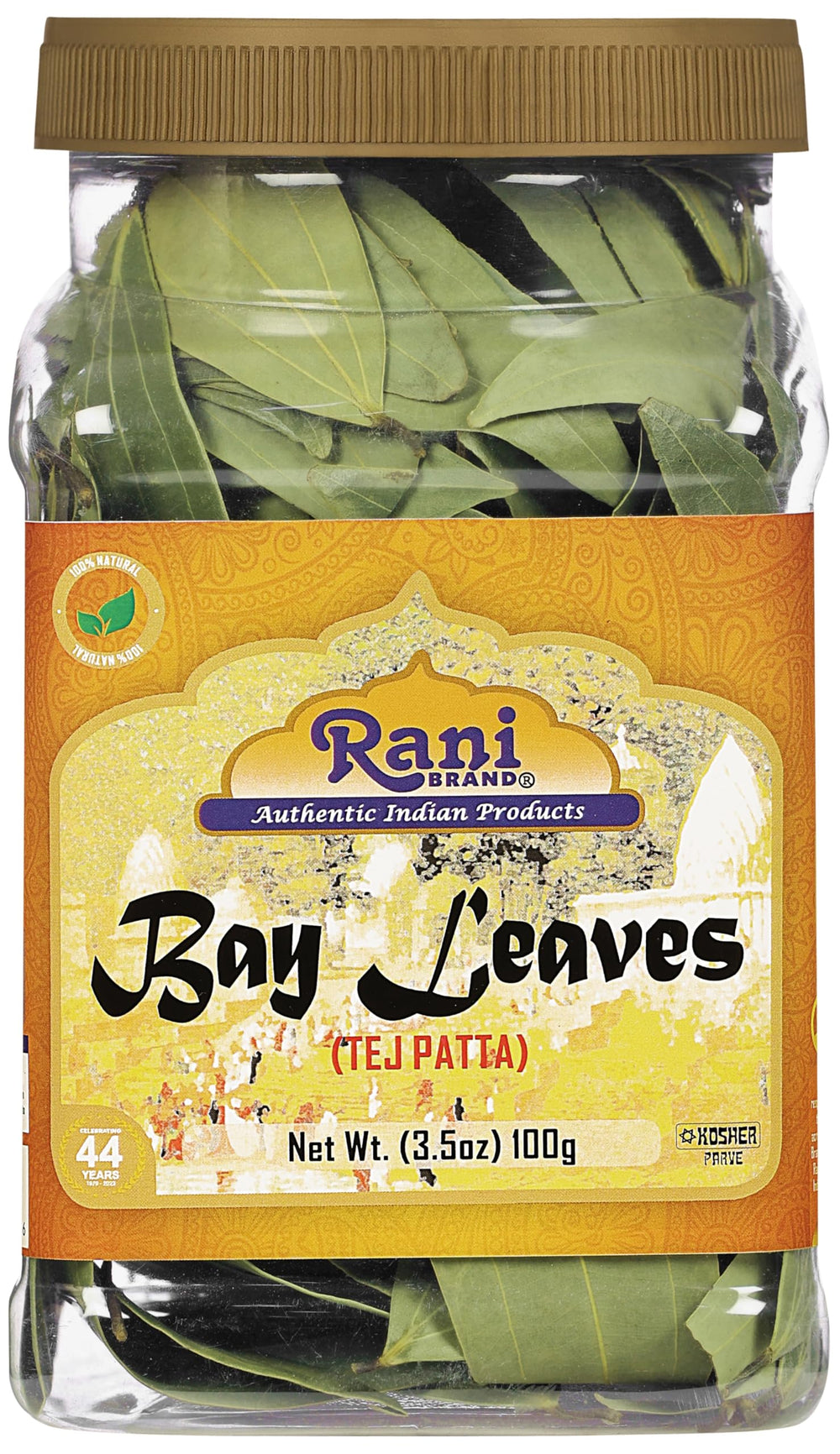 Rani Brand frasco frontal con hojas de laurel Rani y conservación práctica
