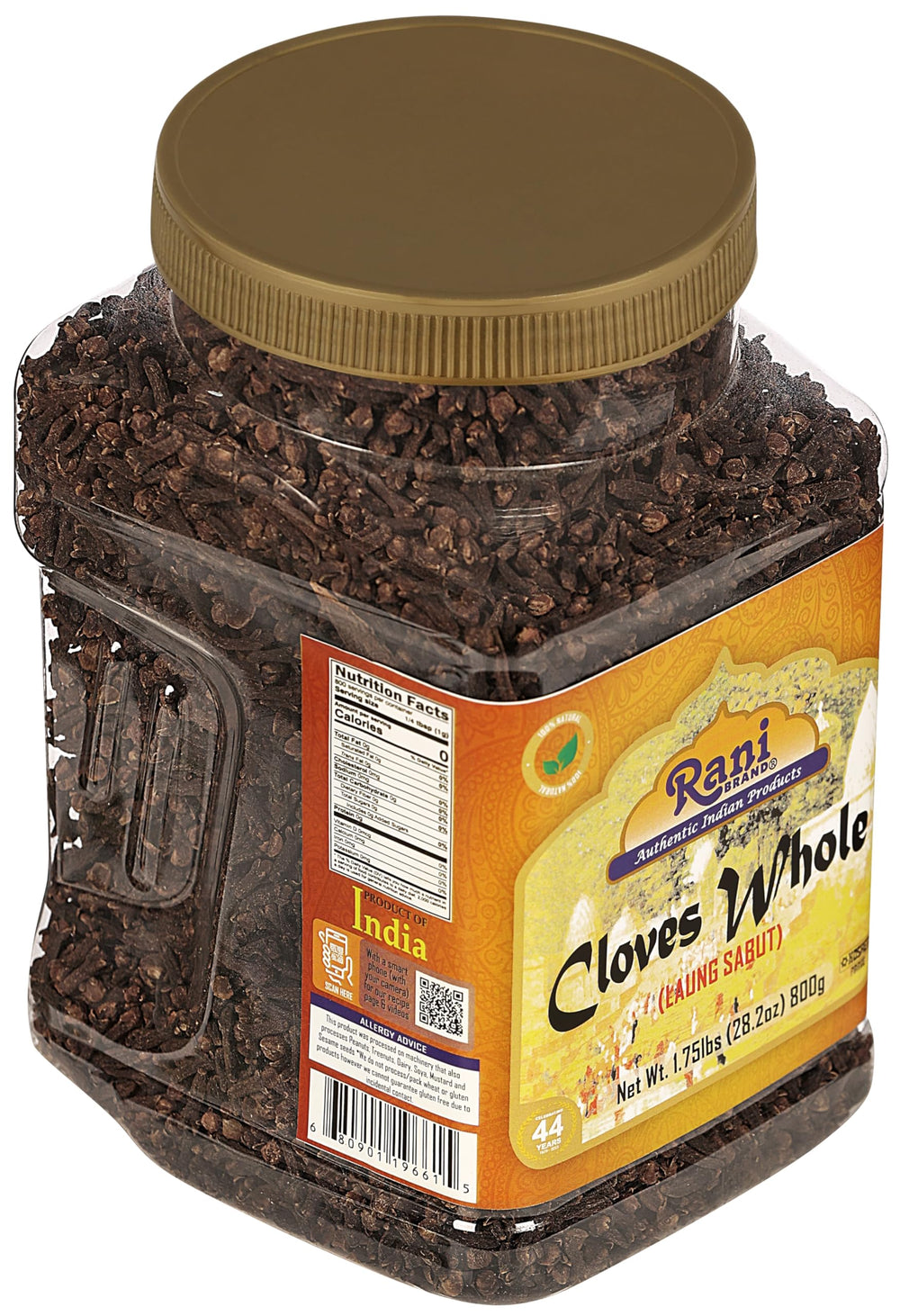 Comparación de tamaño mostrando frasco Rani de 800 g para uso a granel