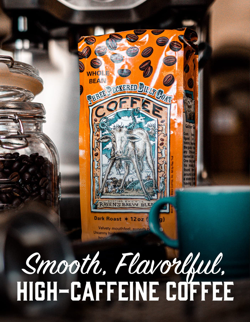 Raven's Brew Coffee detalle de la etiqueta y datos de tueste, transmite calidad artesanal
