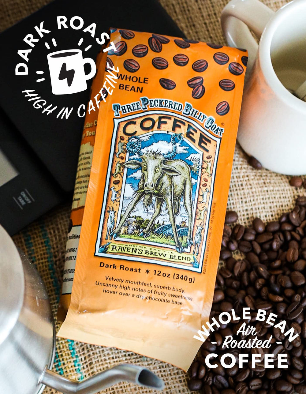 Raven's Brew Coffee primeros planos de granos tostados resaltando textura y uniformidad