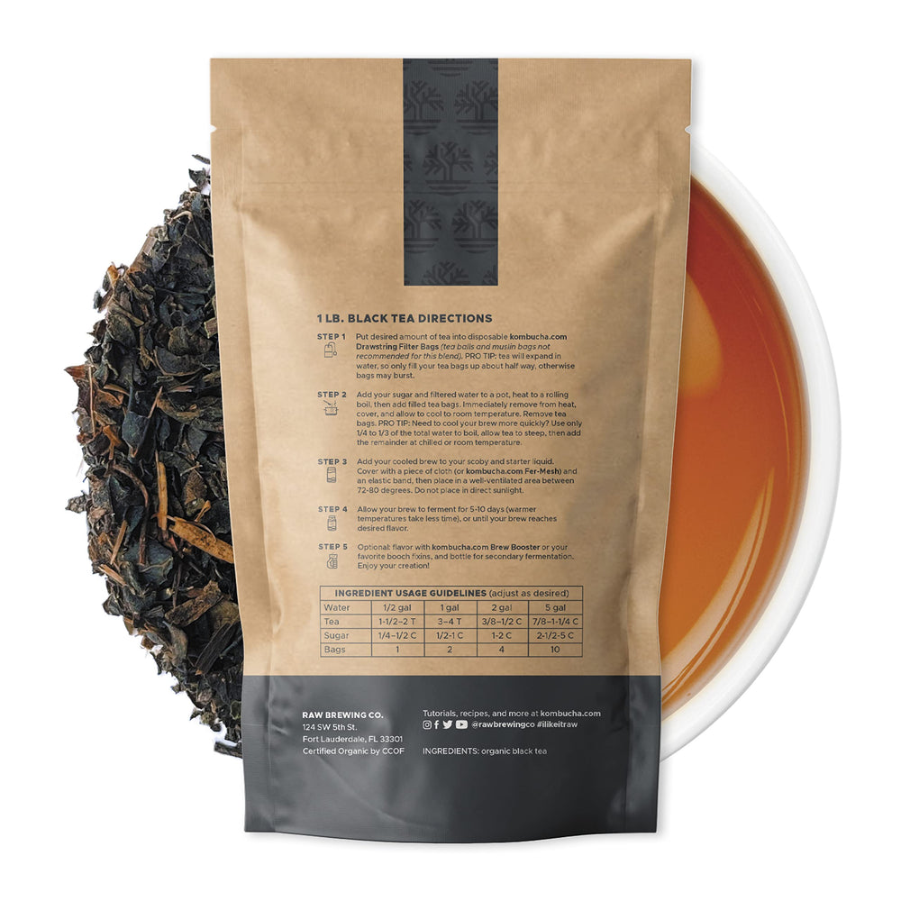Raw Brewing Company detalle de hojas de té sueltas para nutrición óptima del SCOBY