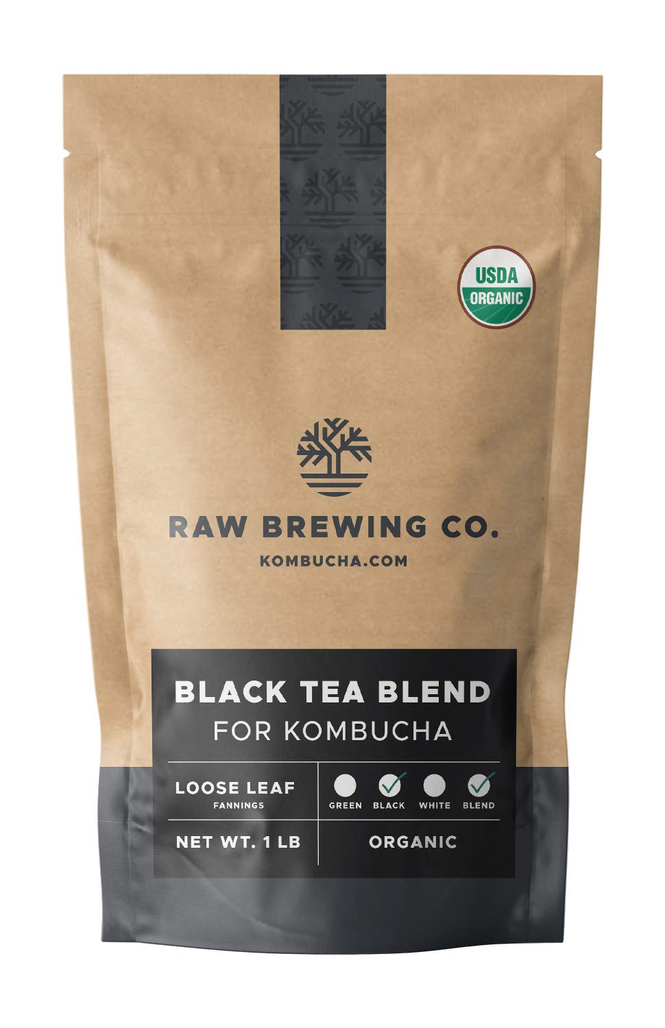 Raw Brewing Company paquete frontal de té negro orgánico mostrando etiqueta clara y cantidad