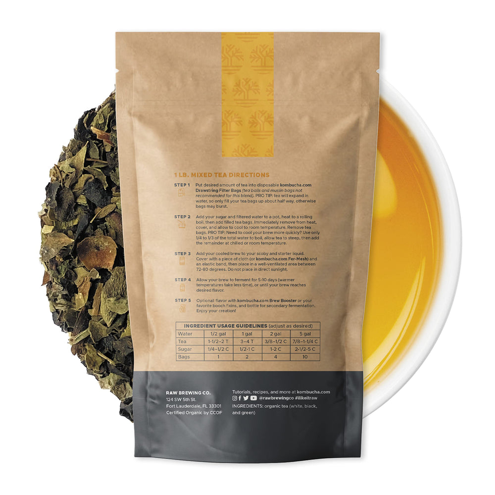 Raw Brewing Company hojas de té sueltas detalle que asegura nutrición para SCOBY
