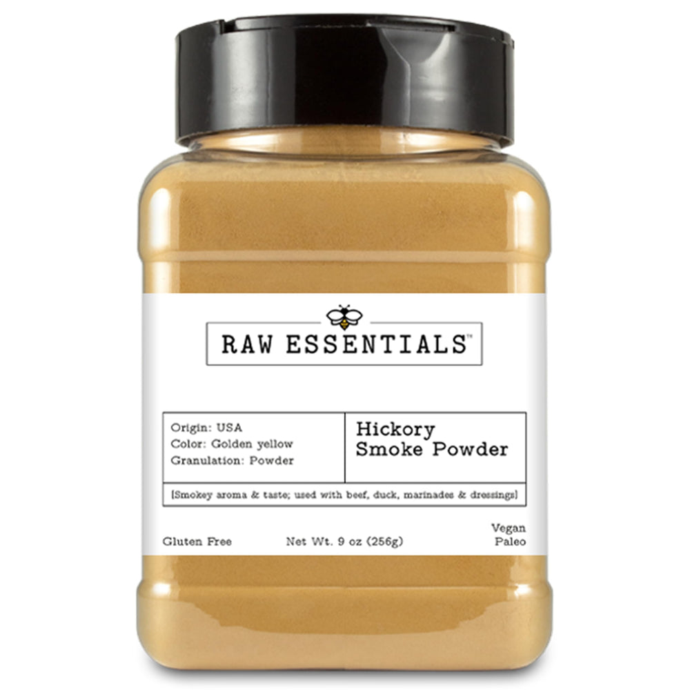 Raw Essentials botella frontal con polvo hickory, fácil identificación