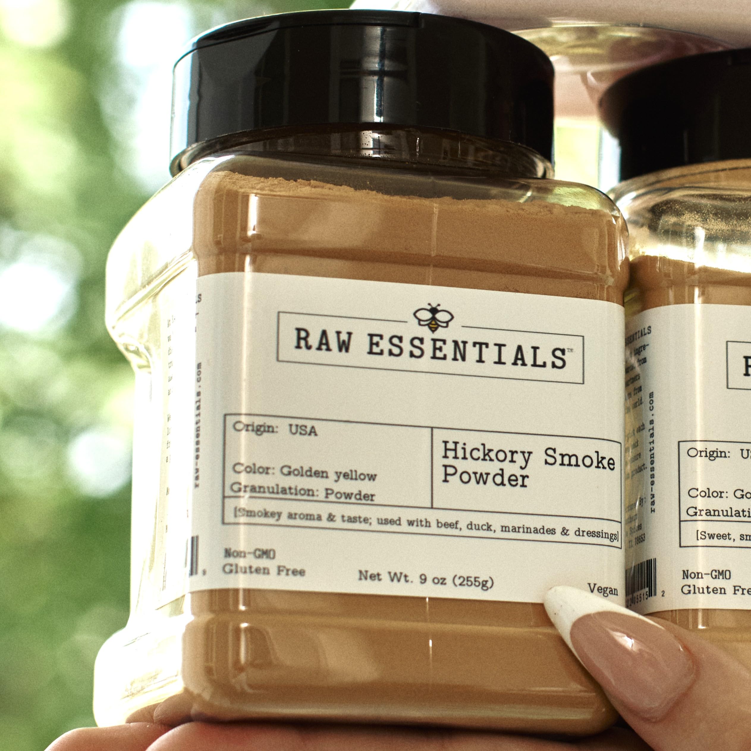 Raw Essentials etiqueta detallada, información clara del sabor hickory