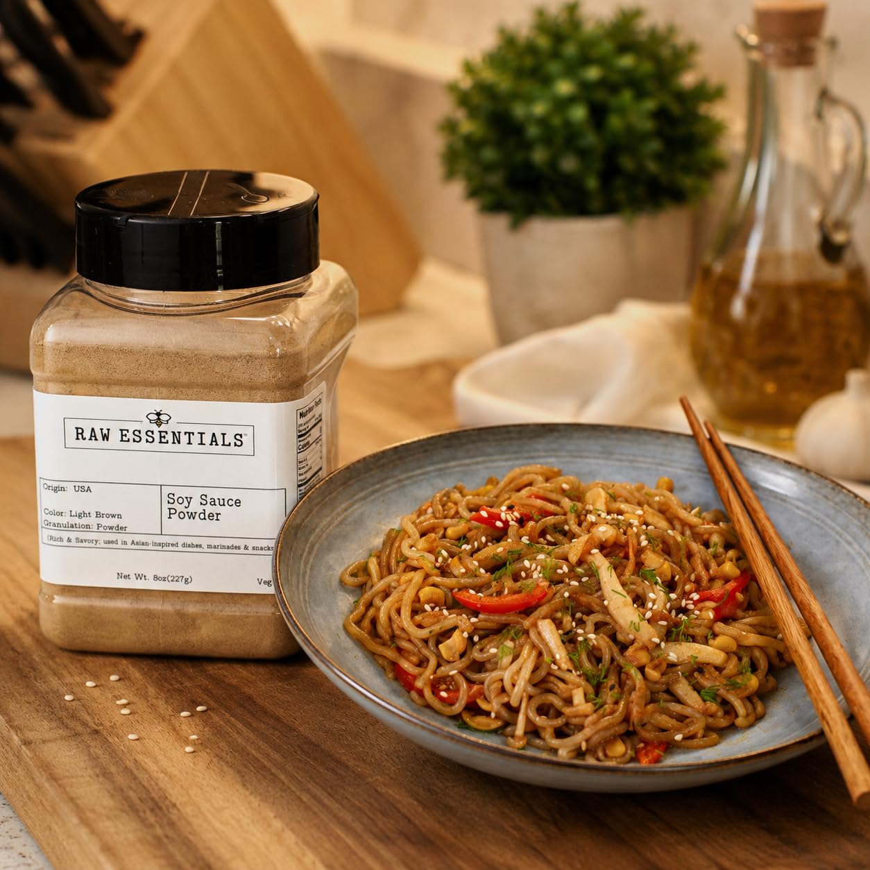 Raw Essentials polvo reconstituido en cuenco para salsa, integrable en recetas líquidas