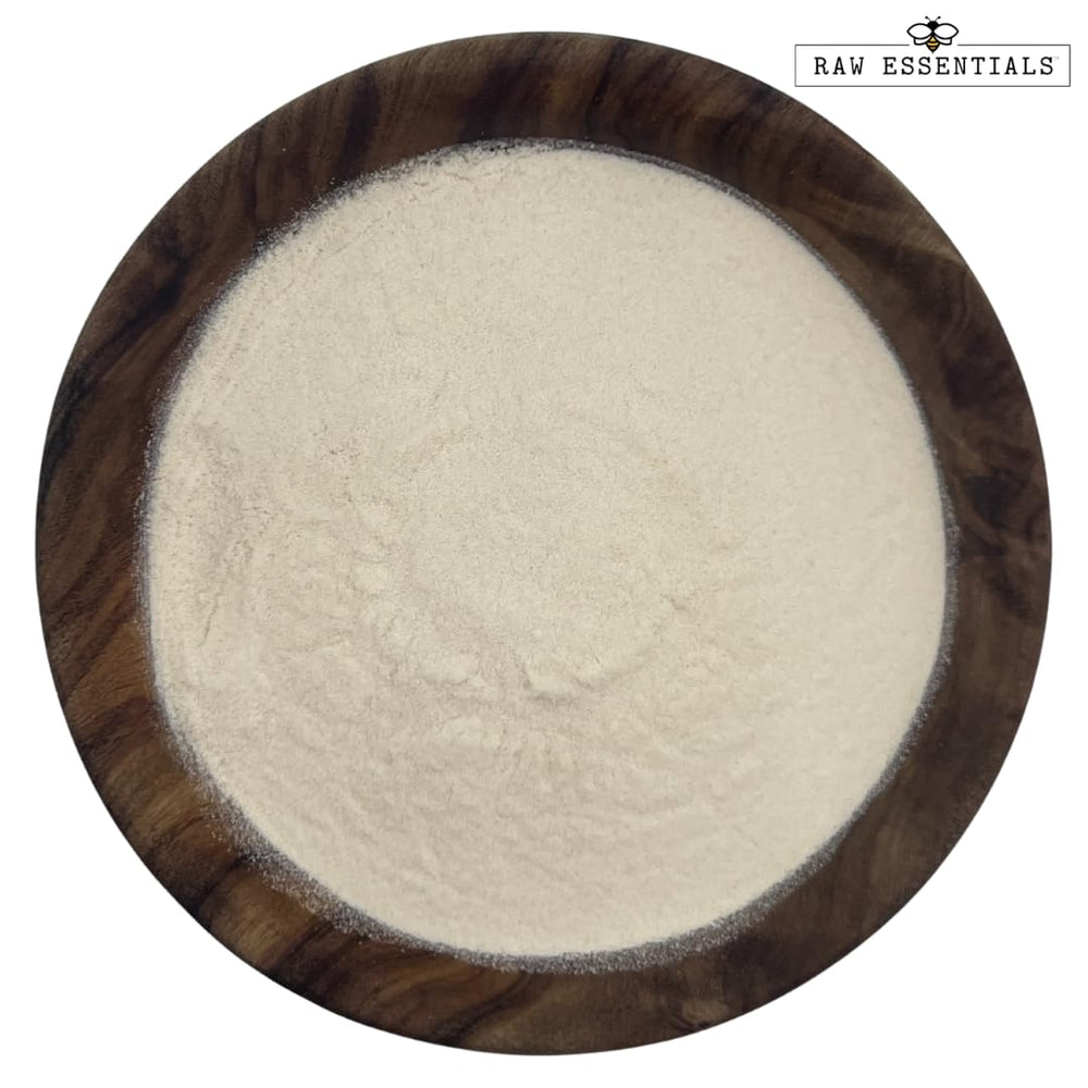 Raw Essentials polvo textura en primer plano mostrando granulometría útil