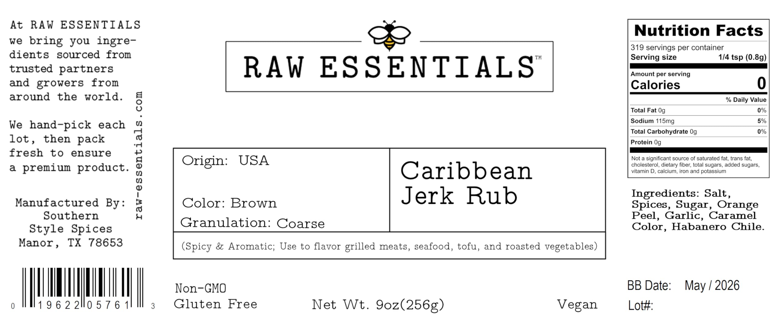 Raw Essentials etiqueta trasera con lista de ingredientes clara