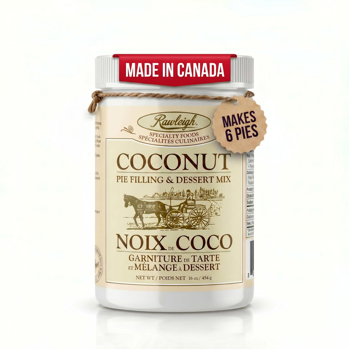 Rawleigh frente del empaque mostrando 454 g y sabor a coco