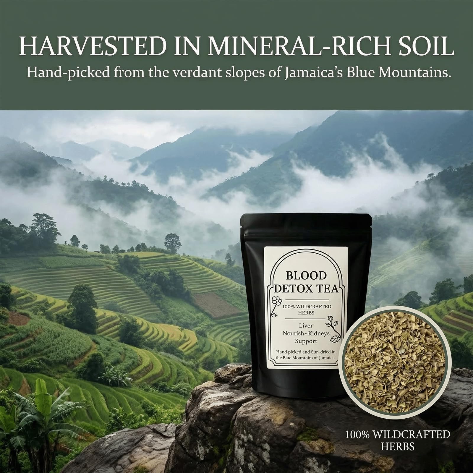 RCSCBC Blood Detox Tea Jamaica primer plano de hojas enteras con textura y aroma