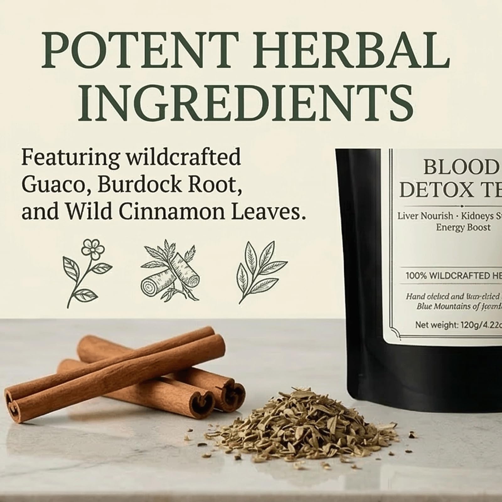 RCSCBC Blood Detox Tea Jamaica ingredientes extendidos: loto, canela y yushu visibles