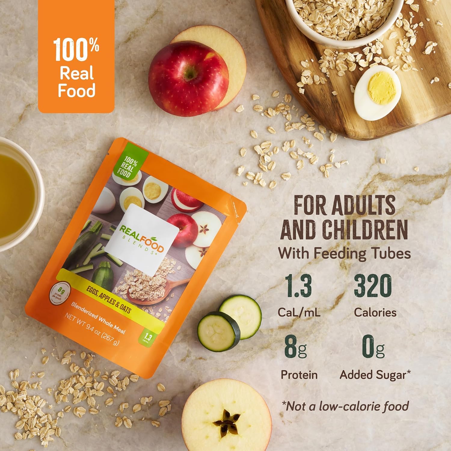 REAL FOOD BLENDS envase abierto con contenido listo para administrar y sin preparación adicional