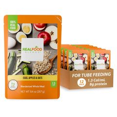 REAL FOOD BLENDS frente del empaque mostrando el paquete de 12 unidades y facilidad de uso