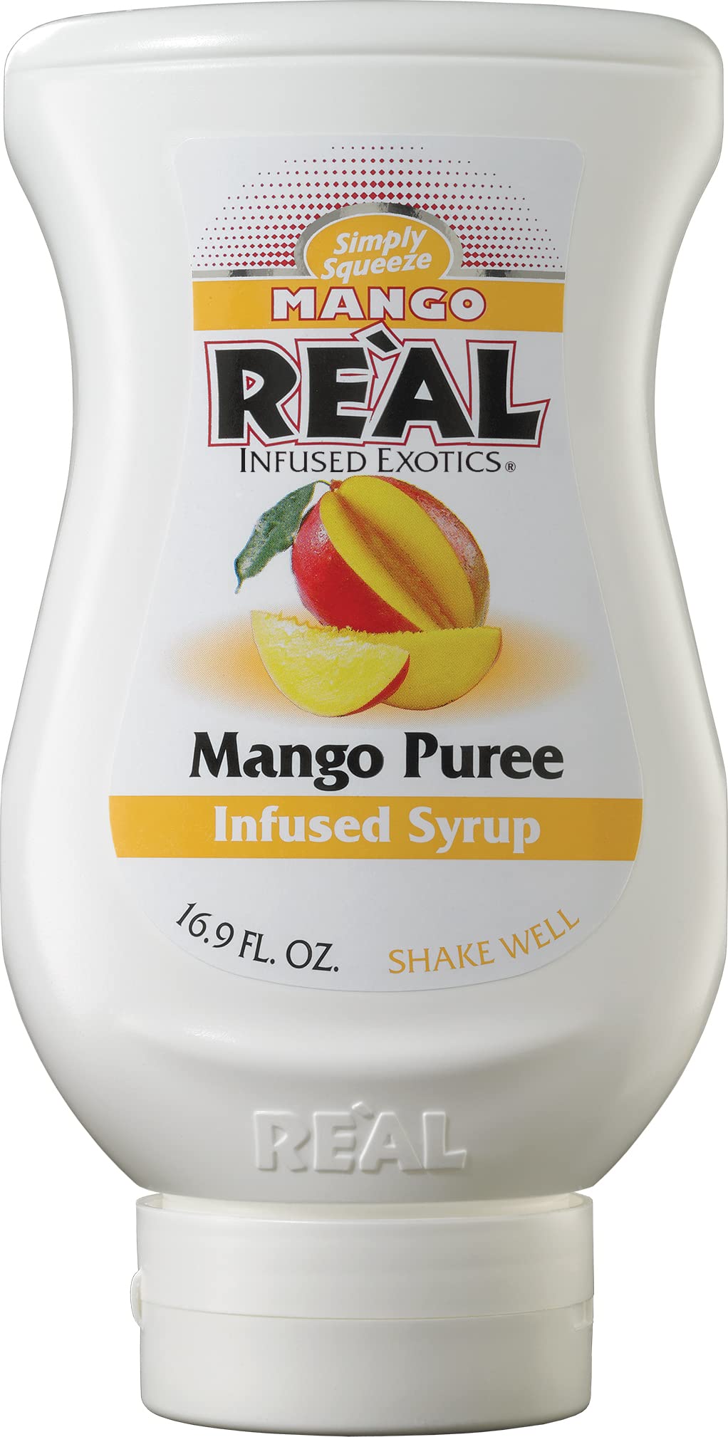 Reàl Infused Exotics botella frontal mango, presentación exprimible y práctica