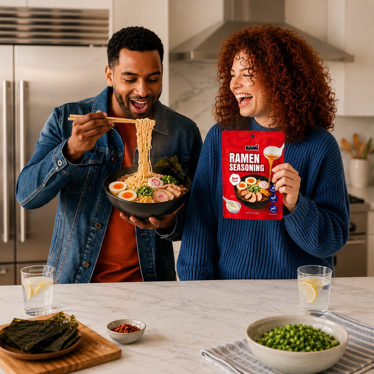 Real Naturals BAMI condimento usado en un tazón de ramen listo para comer