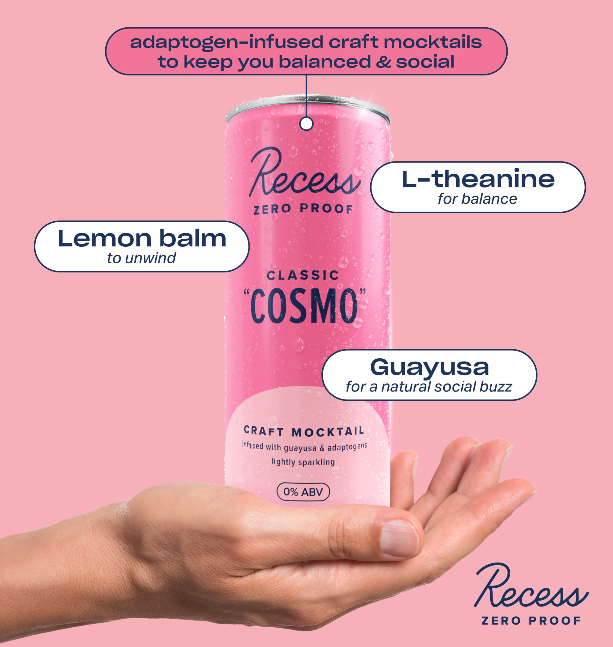 Recess etiqueta con ingredientes que destaca guayusa y adaptógenos