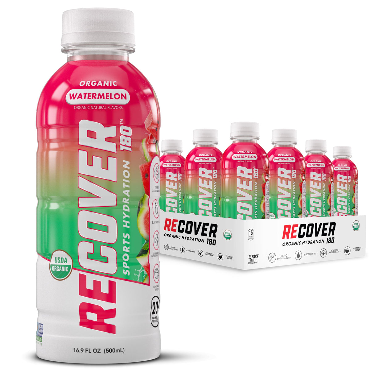 RECOV3R 180 frontal botella watermelon mostrando diseño y beneficios