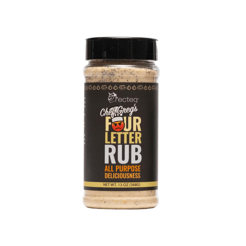recteq Chef Greg's 4 Letter BBQ Rub envase frontal mostrando presentación y beneficio práctico