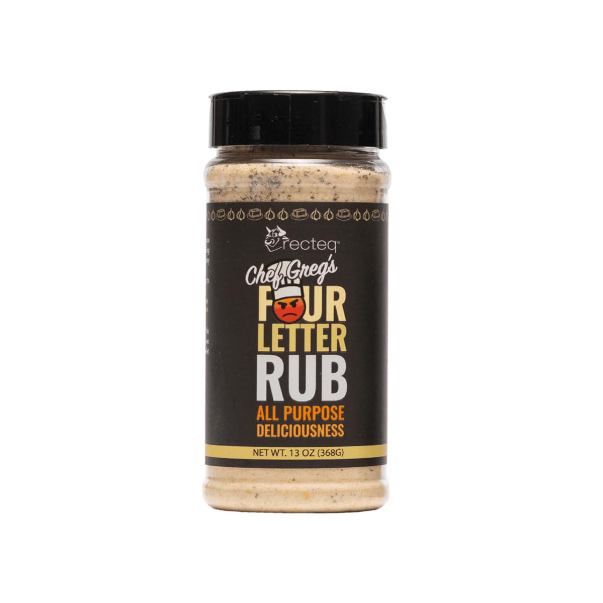 recteq Chef Greg's 4 Letter BBQ Rub envase frontal mostrando presentación y beneficio práctico