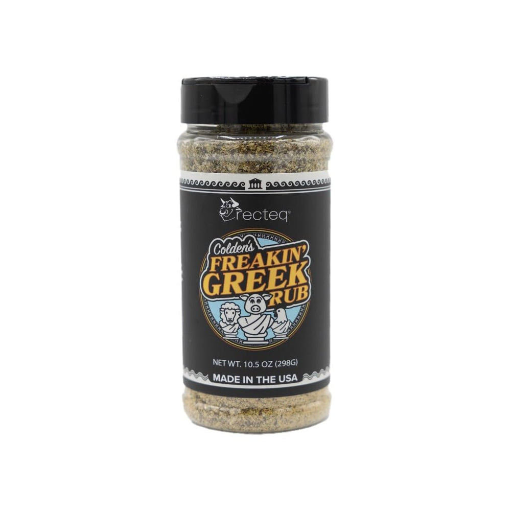 recteq Colden's Freakin' Greek Rub empaque frontal muestra sabor mediterráneo