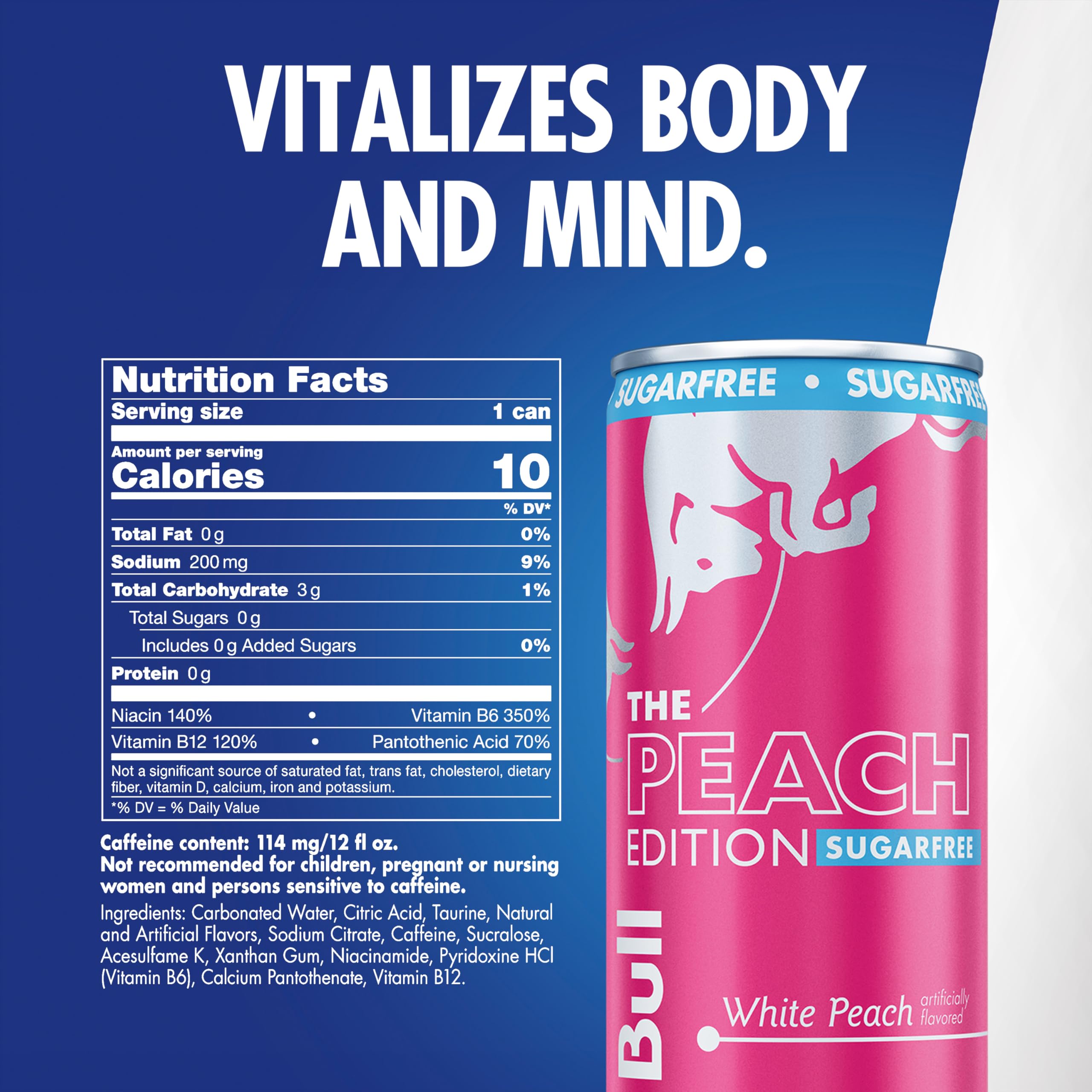 Red Bull detalle de etiqueta con melocotón blanco resaltando sabor sin azúcar