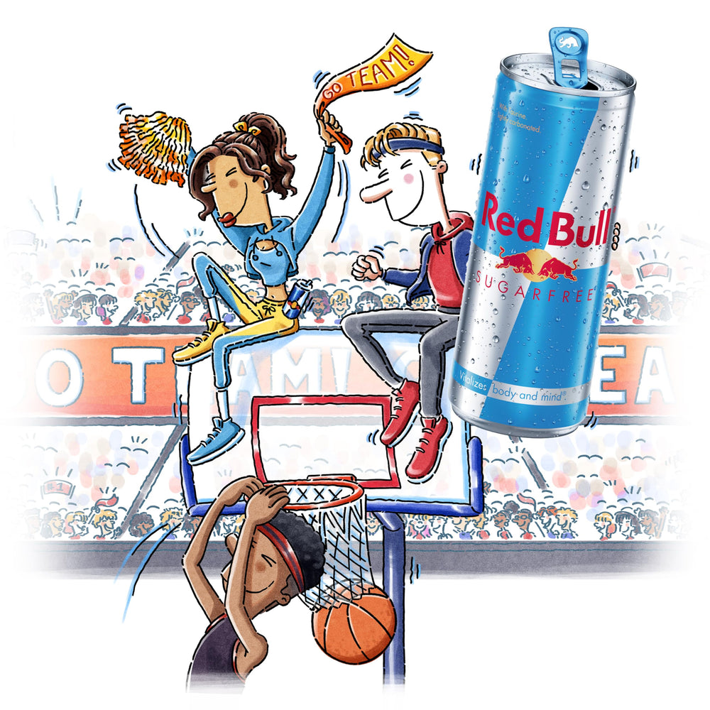 Detalle de la etiqueta Red Bull con ingredientes y beneficios visibles