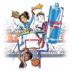Detalle de la etiqueta Red Bull con ingredientes y beneficios visibles