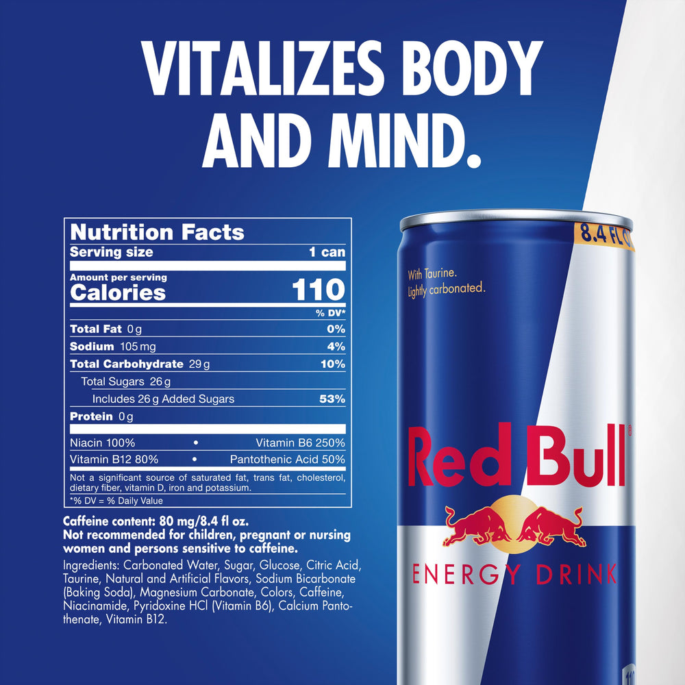 Red Bull detalle de etiqueta resaltando ingredientes y calidad