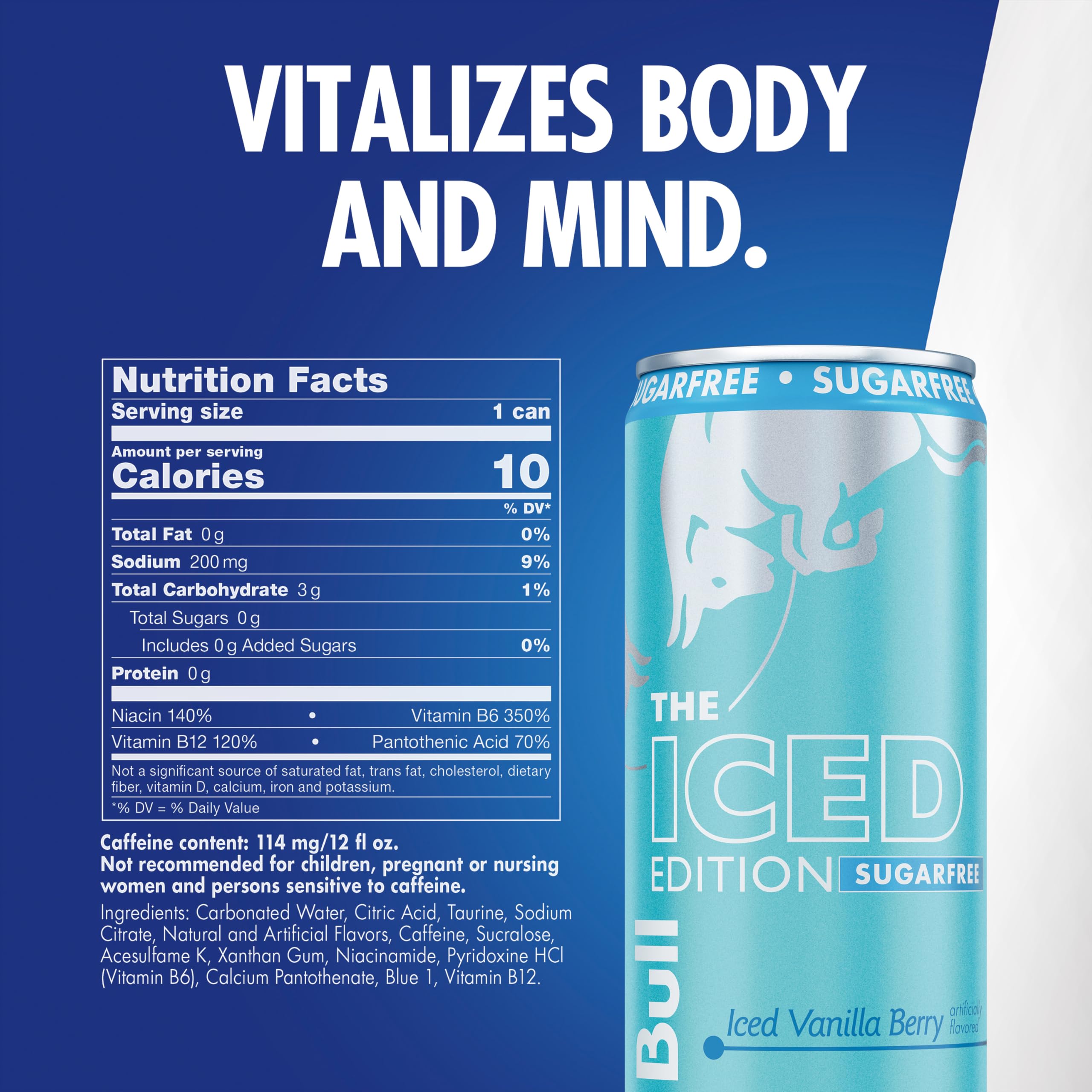 Red Bull lata Iced Vanilla Berry abierta con condensación, refresca rápido