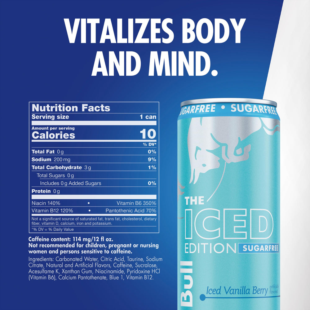 Red Bull lata Iced Vanilla Berry abierta con condensación, refresca rápido