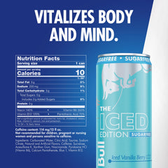 Red Bull lata Iced Vanilla Berry abierta con condensación, refresca rápido