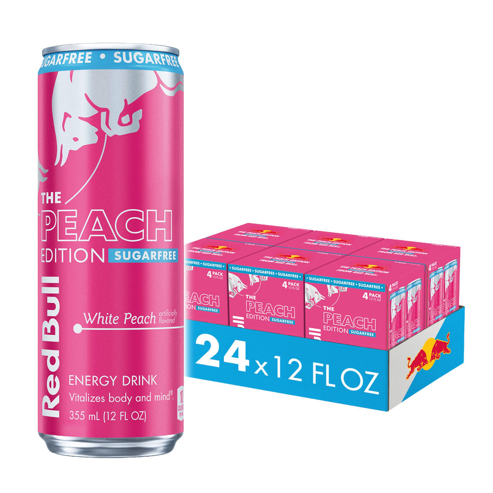 Red Bull lata White Peach frente mostrando diseño veraniego y refresco instantáneo