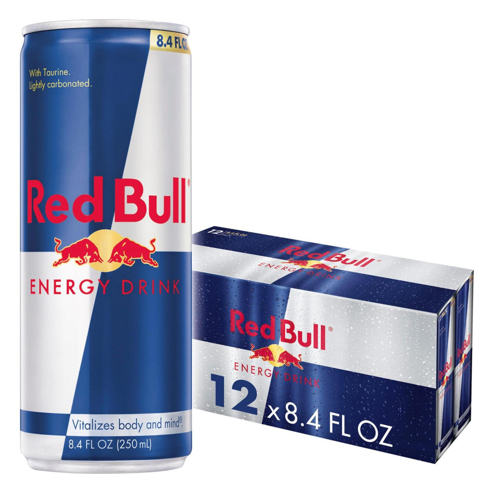 Red Bull lata frontal mostrando diseño y energía instantánea