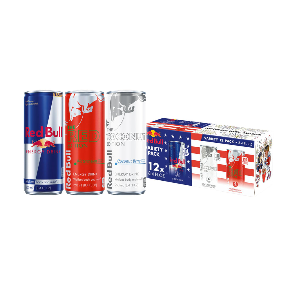 Red Bull pack frontal Summer Celebration mostrando las 12 latas y facilidad de transporte
