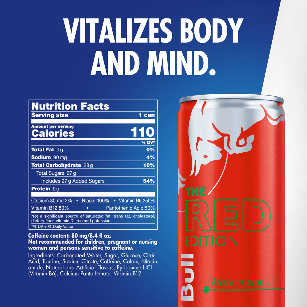 Red Bull lata detalle de etiqueta Red Edition Sandía con información de ingredientes visible