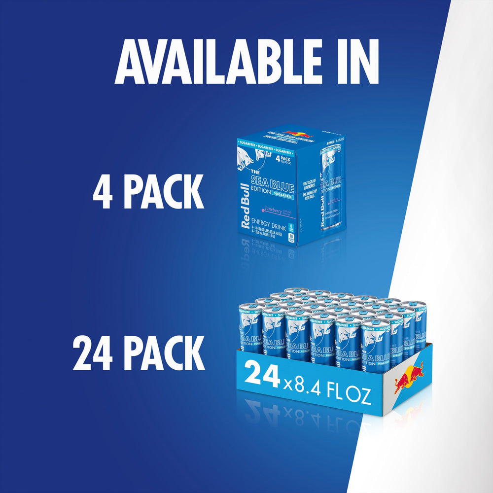 Red Bull Sea Blue primer plano de etiqueta mostrando vitaminas y taurina