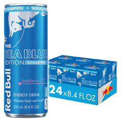 Red Bull Sea Blue frente de lata mostrando diseño junioberry y conveniencia