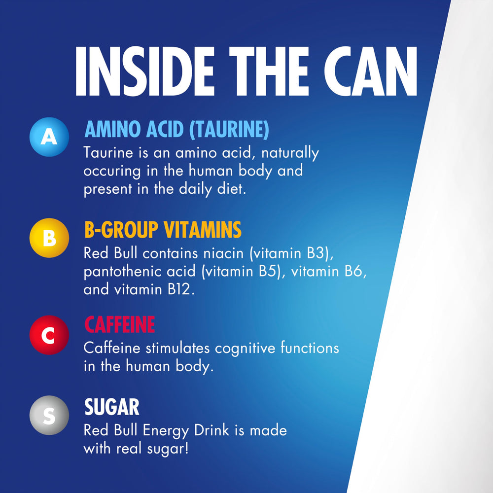Red Bull lata en mano para comparar tamaño y práctico formato de 250 ml